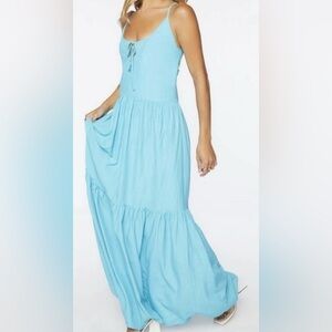 Forever 21 Teal Beachy Boho Criss-Cross Strappy Maxi Tiered Dress XL Open Back